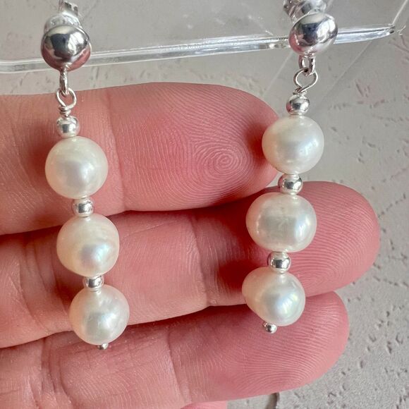Artisan Real Pearl Drop Earrings – 925 Silver Plated Dangle Jewelry – 1.75” - Picture 1 of 3